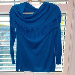Multiples teal blue women’s blouse fringe shawl neck ladies top shirt Small​
